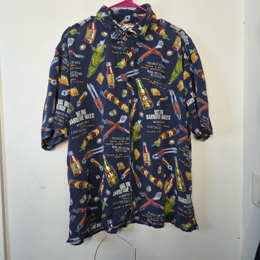 Big Dogs Mens 2X BBQ Rules Rayon Button Down Shirt Navy Blue BBQ Novelty Print